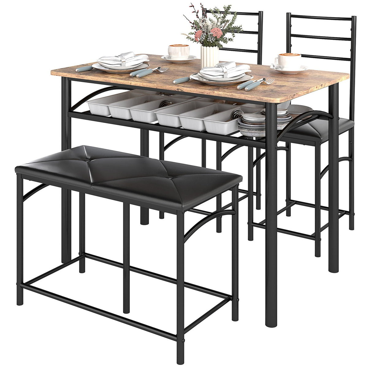 4 pcs. Dining Set, Dining Table with 2 Chairs, Bench, Space Saving Dining Room Group, Dining Table Set for Small Spaces, Kitchen, Dining Room, Brown