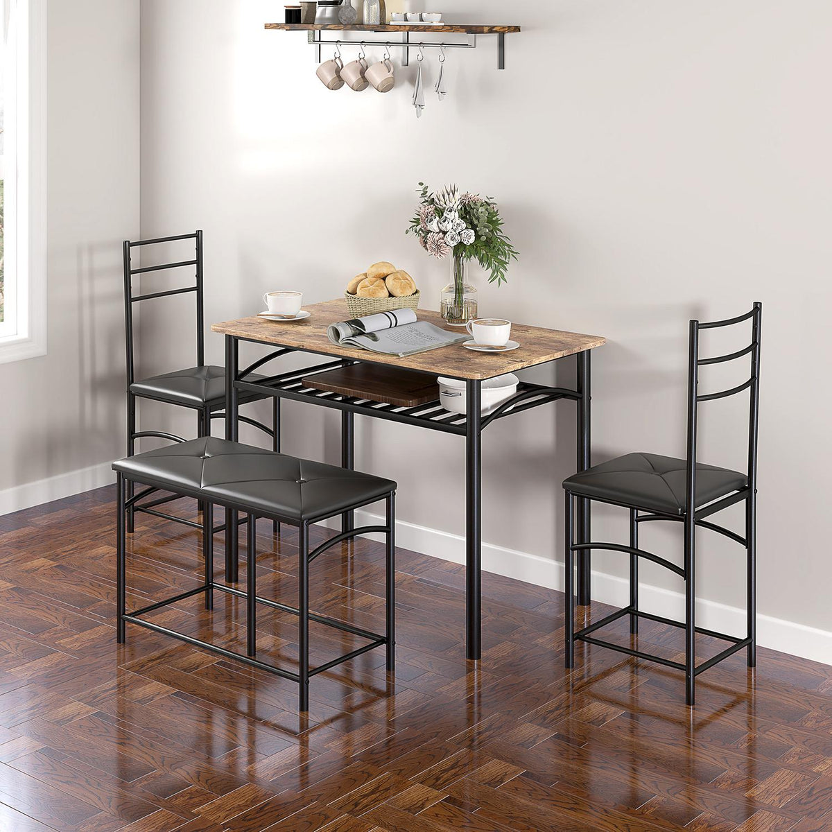 4 pcs. Dining Set, Dining Table with 2 Chairs, Bench, Space Saving Dining Room Group, Dining Table Set for Small Spaces, Kitchen, Dining Room, Brown