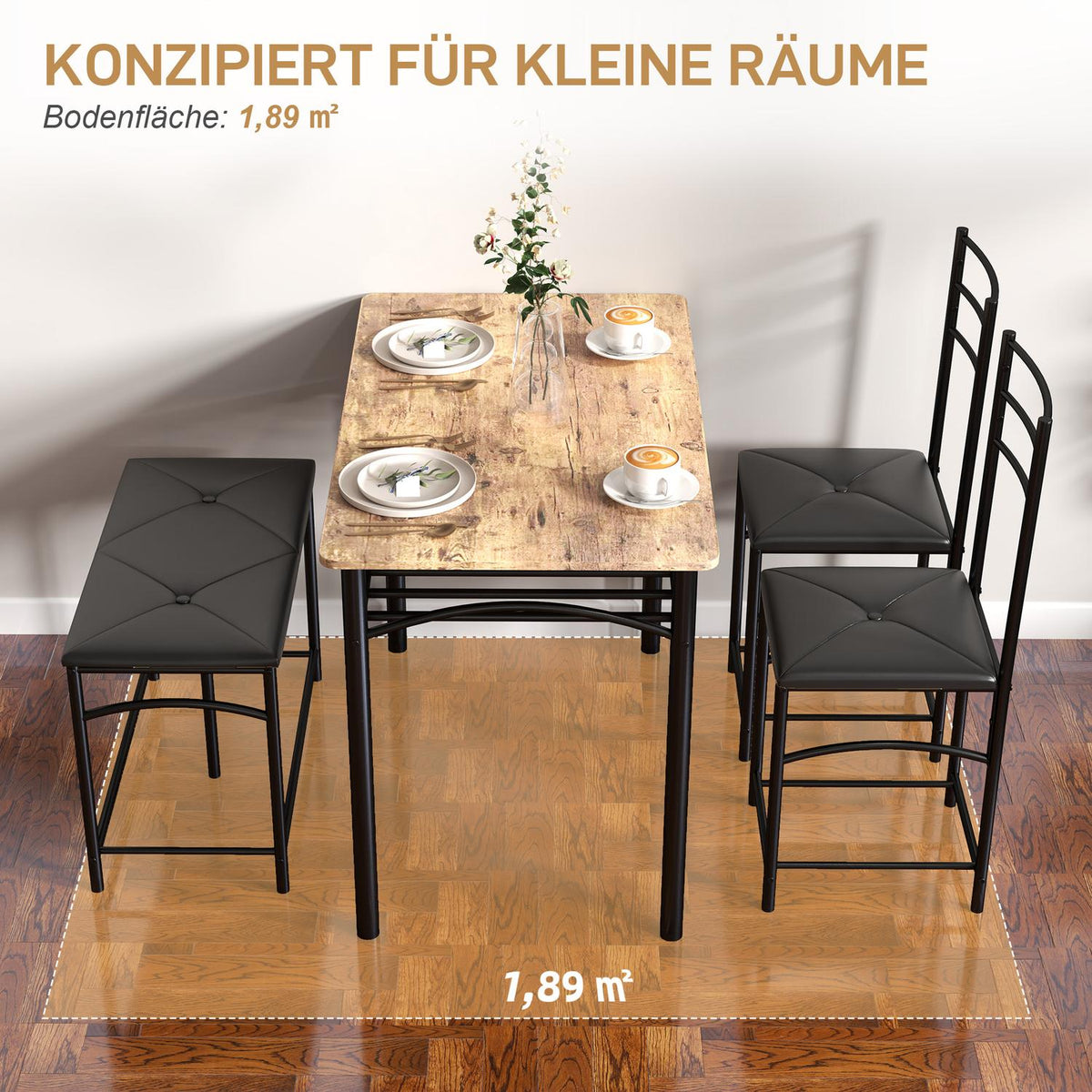 4 pcs. Dining Set, Dining Table with 2 Chairs, Bench, Space Saving Dining Room Group, Dining Table Set for Small Spaces, Kitchen, Dining Room, Brown