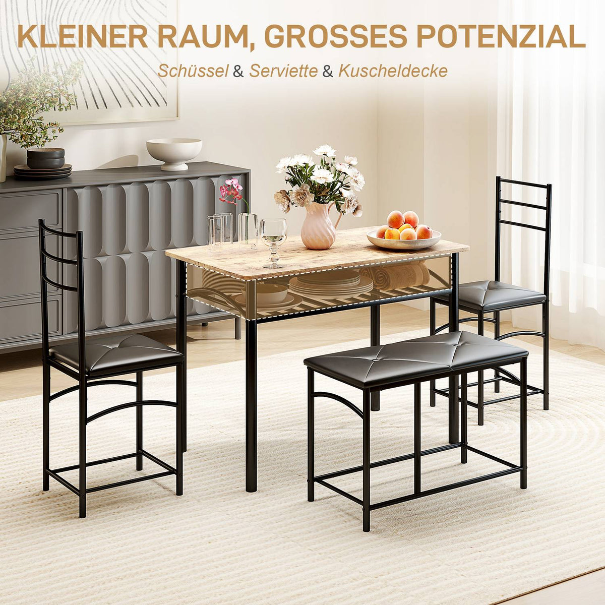 4 pcs. Dining Set, Dining Table with 2 Chairs, Bench, Space Saving Dining Room Group, Dining Table Set for Small Spaces, Kitchen, Dining Room, Brown