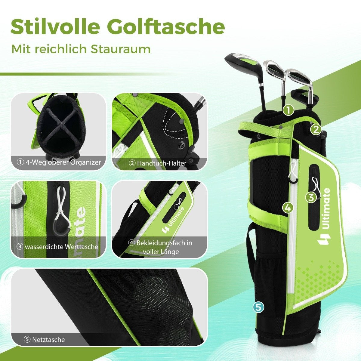 4-piece children's golf club set with golf bag and rain cover for children aged 5-7 years green