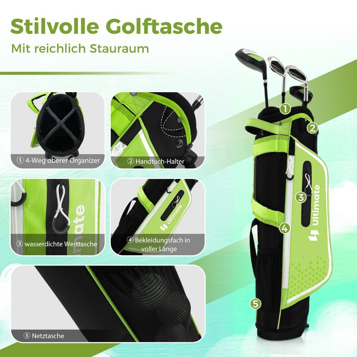 4-piece children's golf club set with golf bag and rain cover for children aged 8-10 years. Green