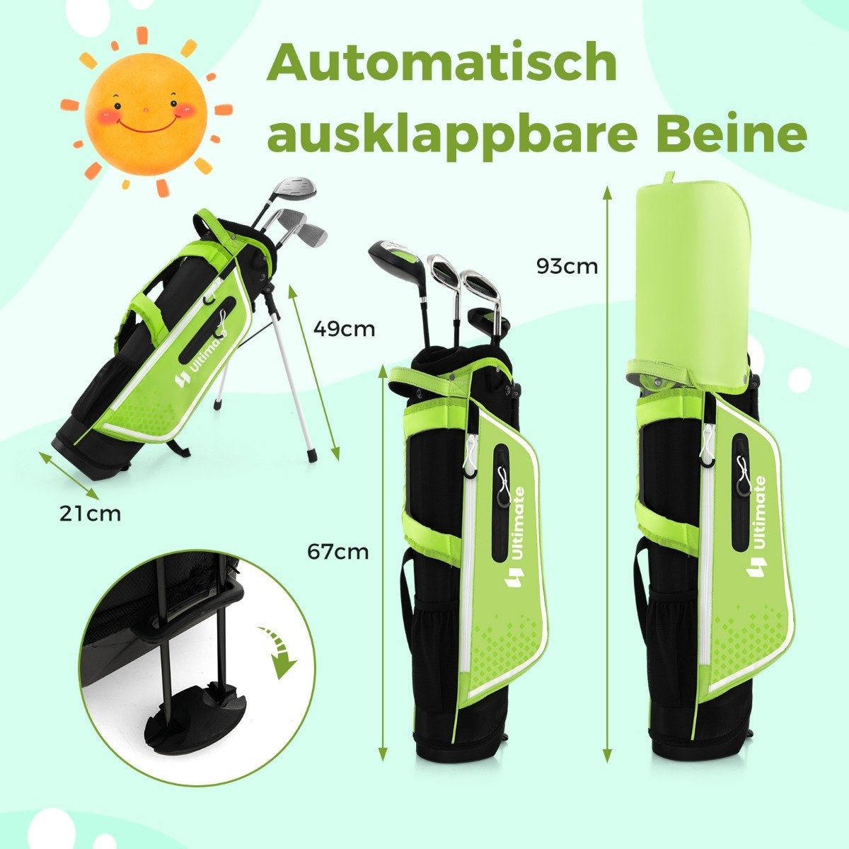 4-piece children's golf club set with golf bag and rain cover for children aged 8-10 years. Green