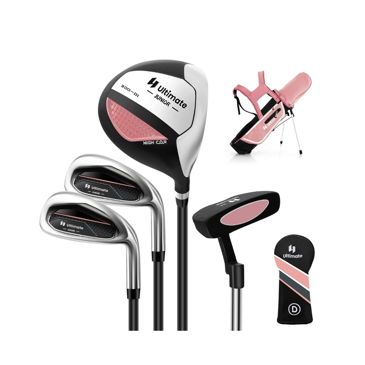 4-piece children's golf club set with golf bag and rain cover for children aged 8-10 years, pink