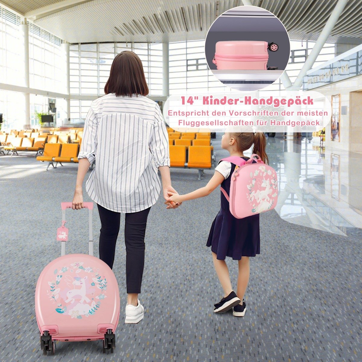 4-piece children's suitcase + backpack 10"+14" children's trolley with wheels pink