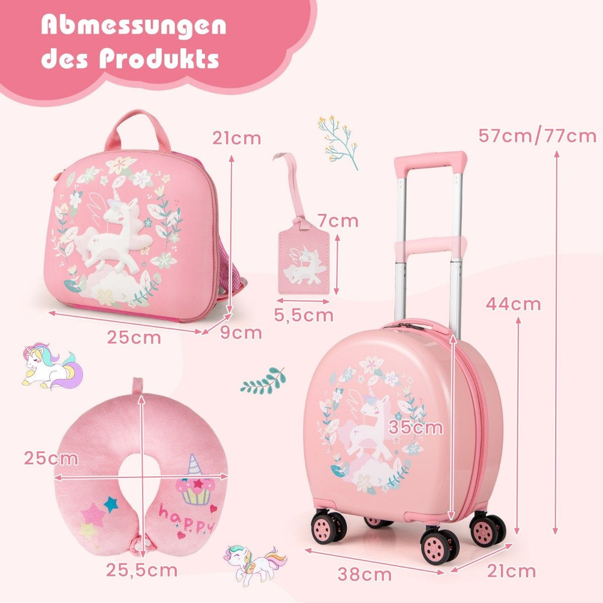4-piece children's suitcase + backpack 10"+14" children's trolley with wheels pink