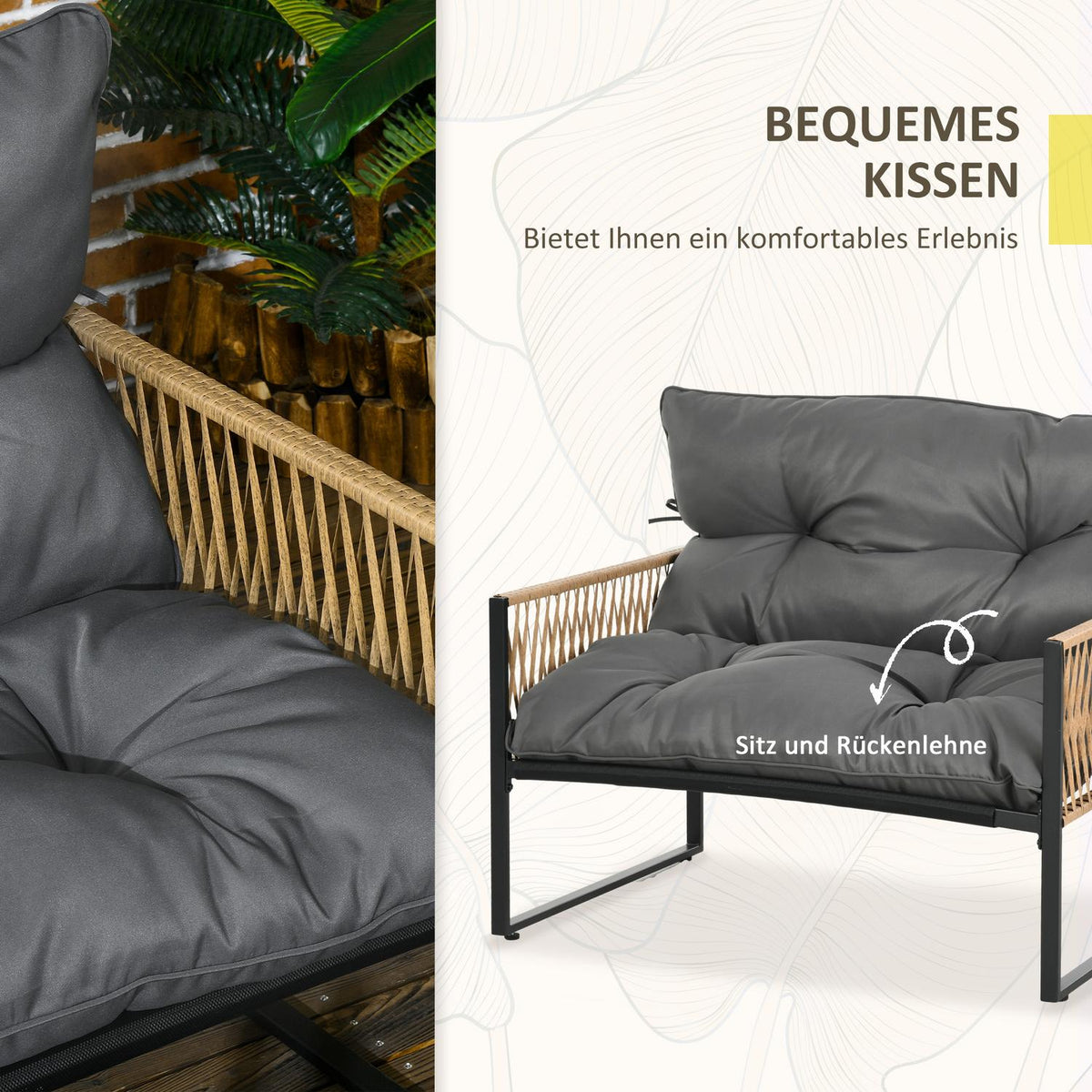 4-piece rattan garden furniture set with cushions, garden seating group, 1 glass coffee table, 2 armchairs, 1 double sofa, elegant seating set