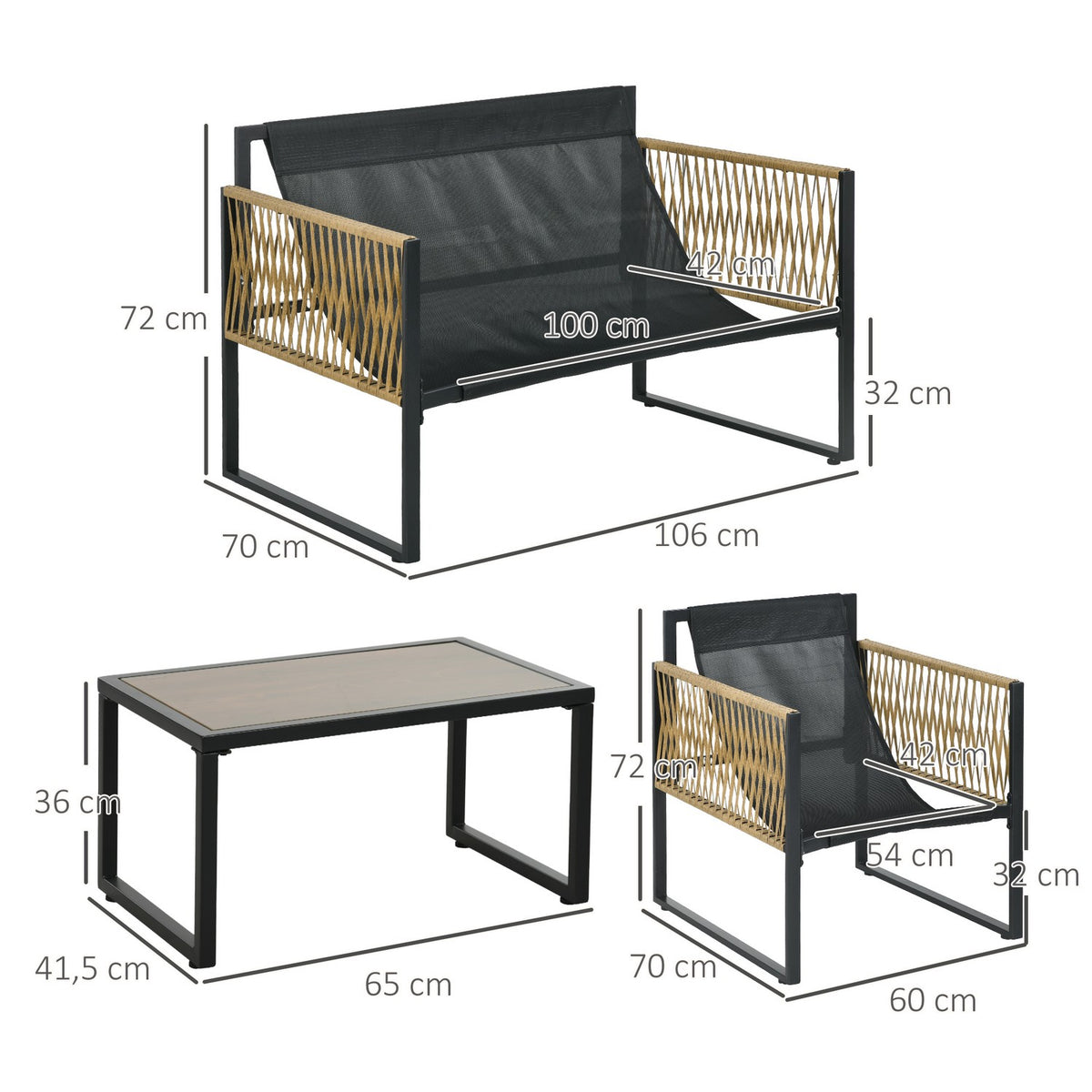 4-piece rattan garden furniture set with cushions, garden seating group, 1 glass coffee table, 2 armchairs, 1 double sofa, elegant seating set