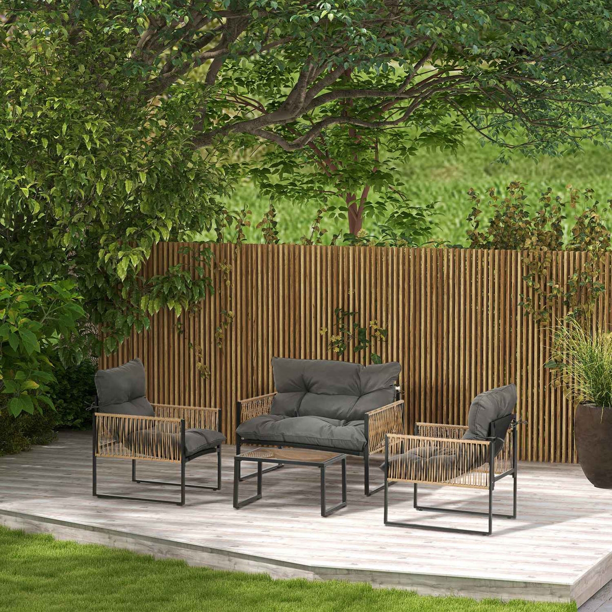 4-piece rattan garden furniture set with cushions, garden seating group, 1 glass coffee table, 2 armchairs, 1 double sofa, elegant seating set