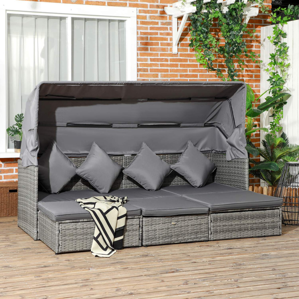4-piece rattan garden seating group, with sun canopy, height-adjustable coffee table, bed function, back cushion, 200L x 68W x 74H cm, gray