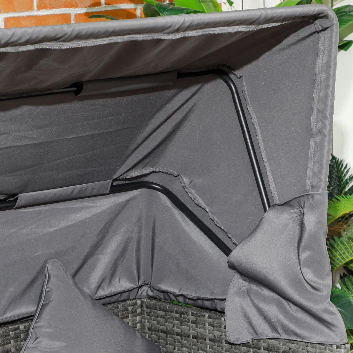 4-piece rattan garden seating group, with sun canopy, height-adjustable coffee table, bed function, back cushion, 200L x 68W x 74H cm, gray