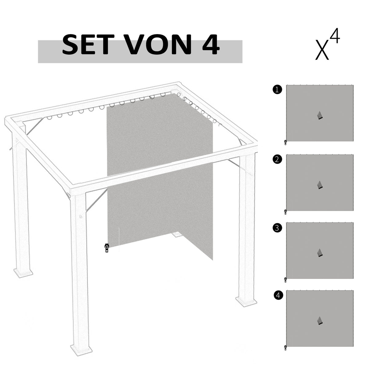 4 side panels for 3x3 m pavilion side walls with hooks, polyester light gray, ideal for garden pavilion & party tent 302 x 205 cm
