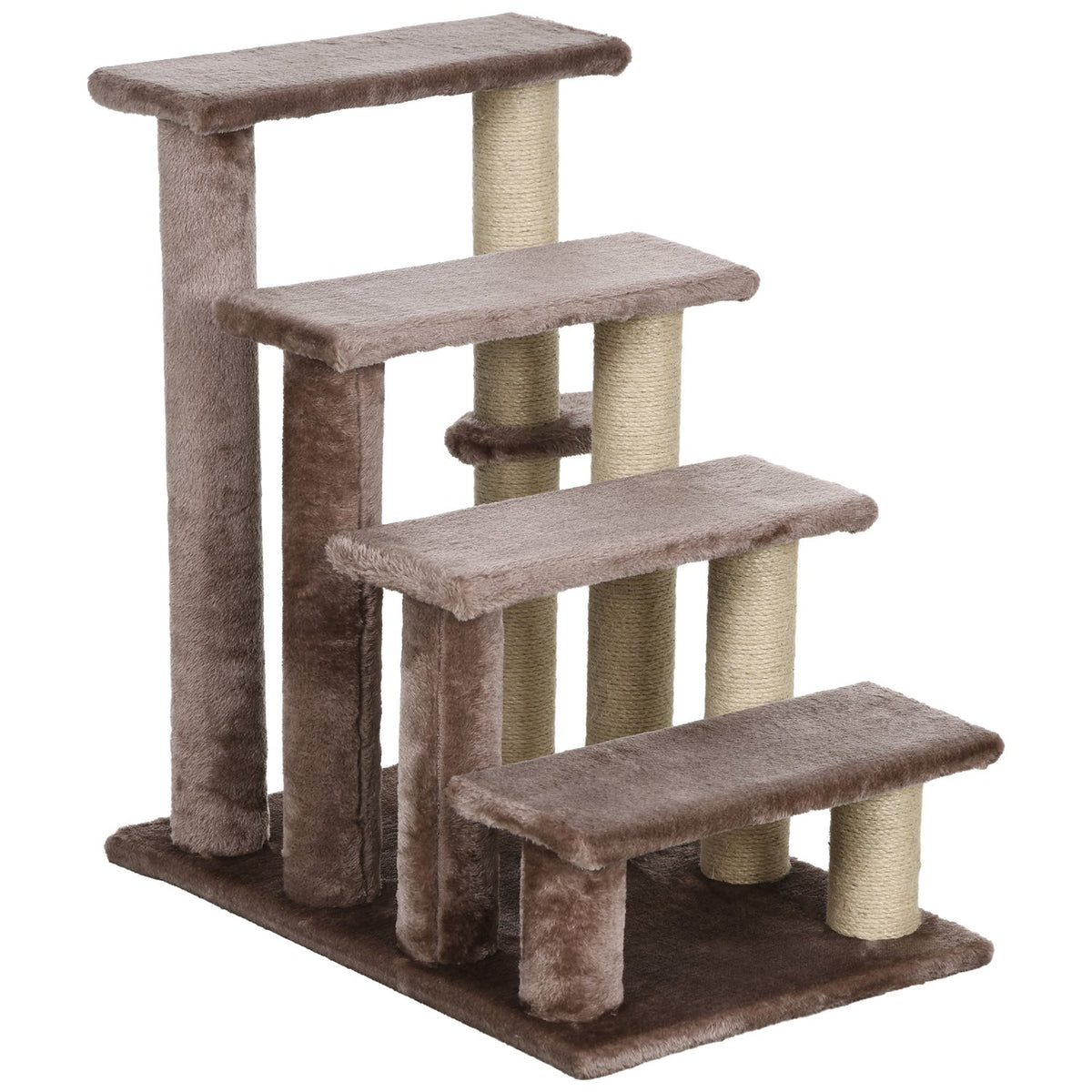 4-step cat stairs with scratching post, up to 5 kg, pet stairs with play ball, dog stairs, animal stairs, plush, brown, 60 x 40 x 64 cm