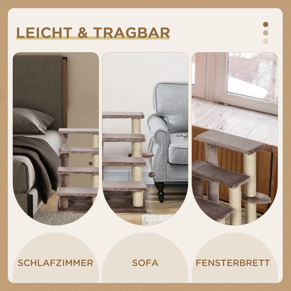 4-step cat stairs with scratching post, up to 5 kg, pet stairs with play ball, dog stairs, animal stairs, plush, brown, 60 x 40 x 64 cm