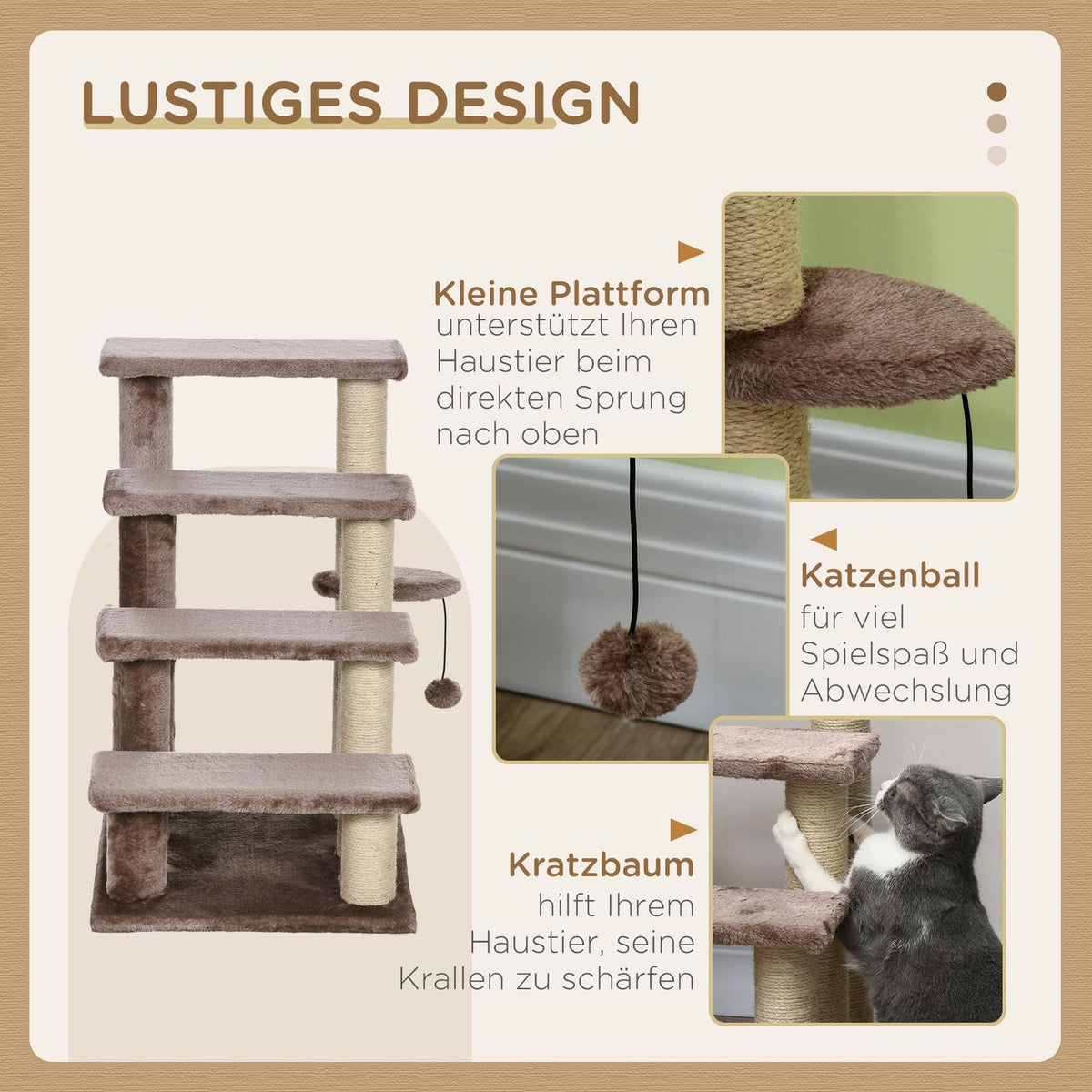 4-step cat stairs with scratching post, up to 5 kg, pet stairs with play ball, dog stairs, animal stairs, plush, brown, 60 x 40 x 64 cm