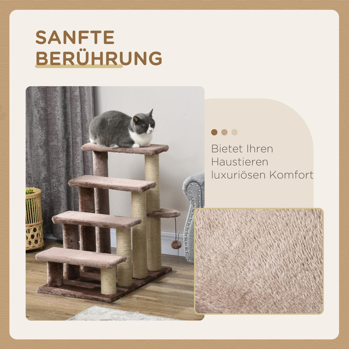 4-step cat stairs with scratching post, up to 5 kg, pet stairs with play ball, dog stairs, animal stairs, plush, brown, 60 x 40 x 64 cm