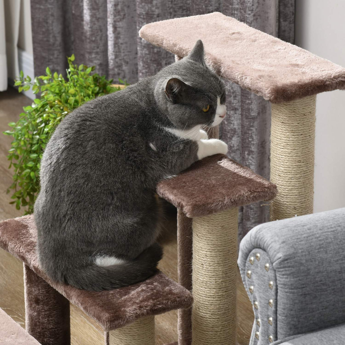 4-step cat stairs with scratching post, up to 5 kg, pet stairs with play ball, dog stairs, animal stairs, plush, brown, 60 x 40 x 64 cm