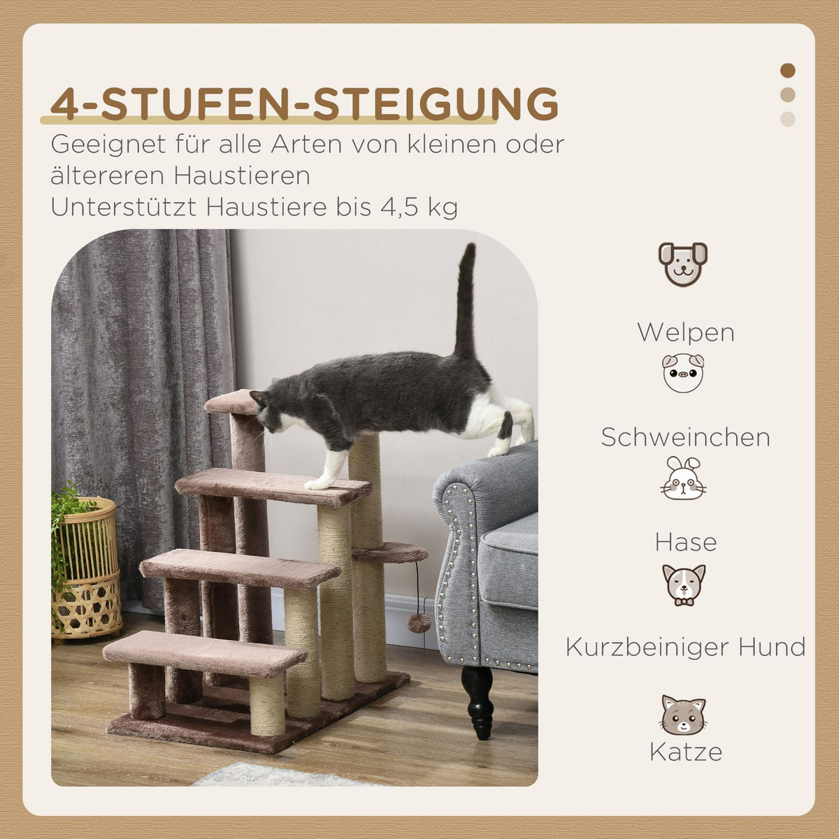 4-step cat stairs with scratching post, up to 5 kg, pet stairs with play ball, dog stairs, animal stairs, plush, brown, 60 x 40 x 64 cm