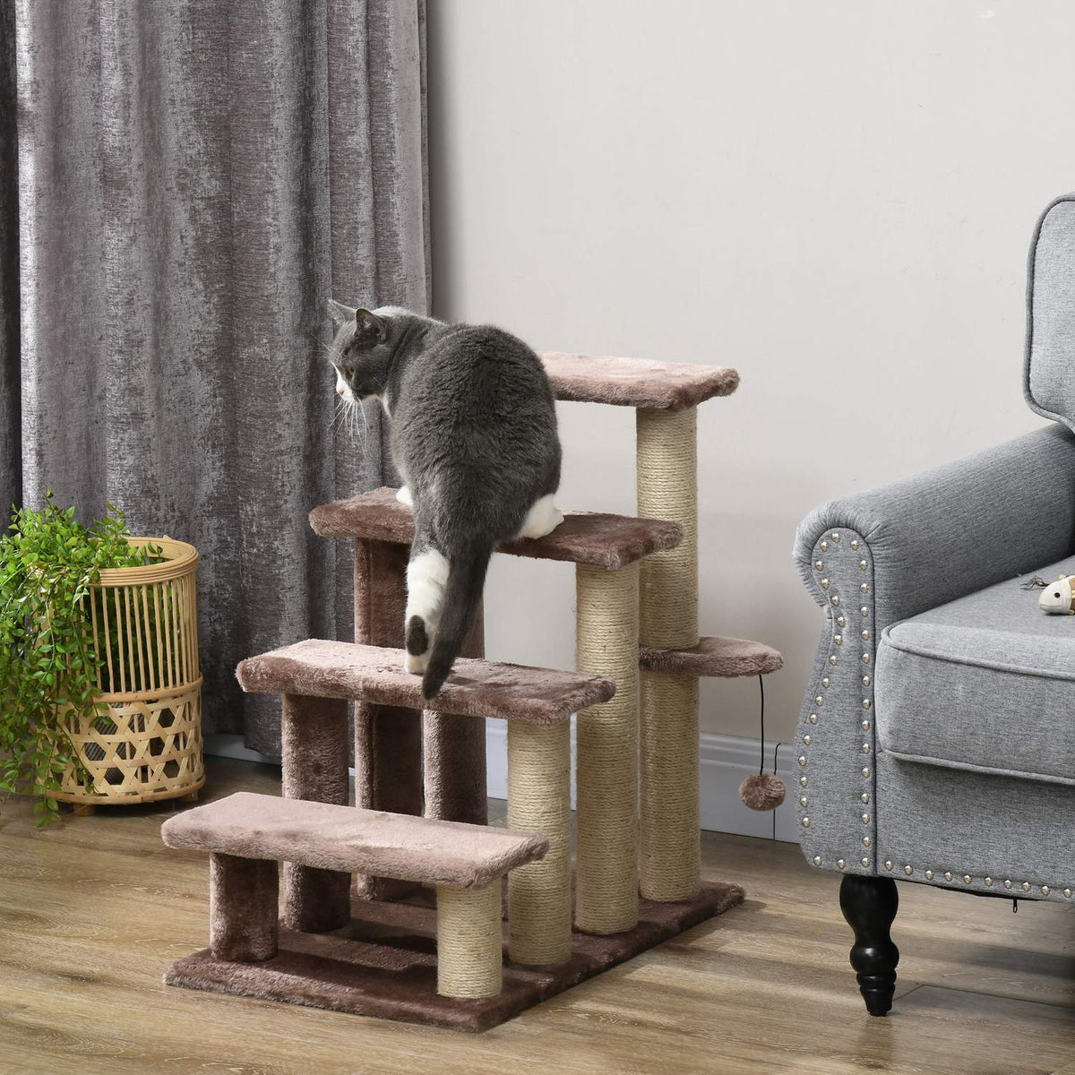 4-step cat stairs with scratching post, up to 5 kg, pet stairs with play ball, dog stairs, animal stairs, plush, brown, 60 x 40 x 64 cm
