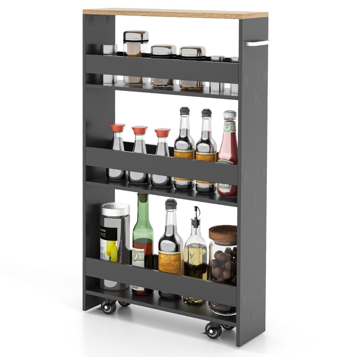 4 tier niche shelf on wooden wheels with handle kitchen trolley 47.5 x 20 x 80.5 cm gray + natural