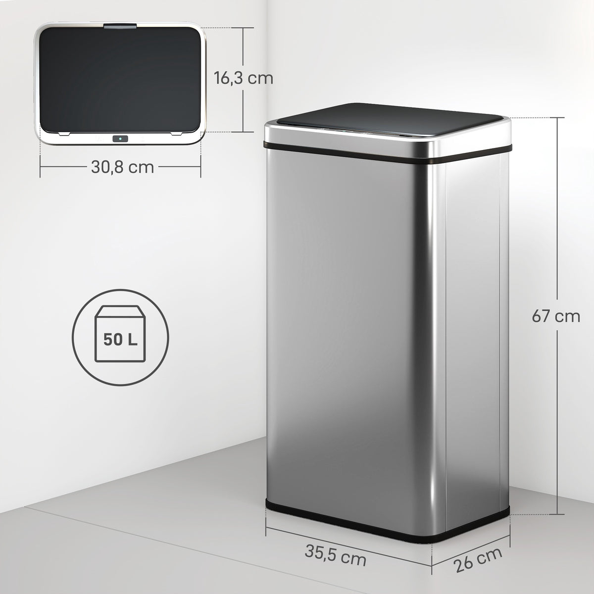 50L Touchless Sensor Trash Can, Stainless Steel