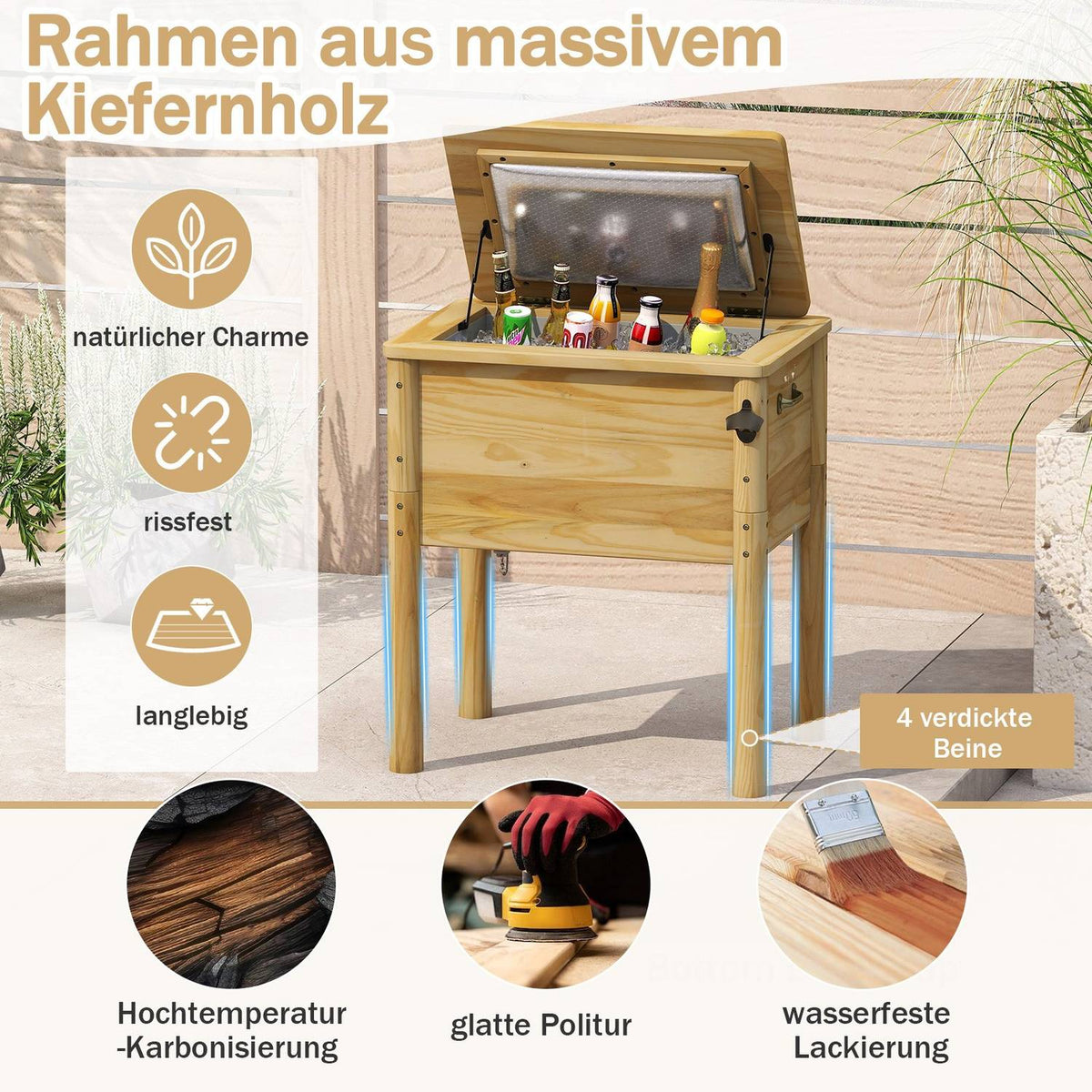 51L Wooden Outdoor Cooler with Handles & Opener