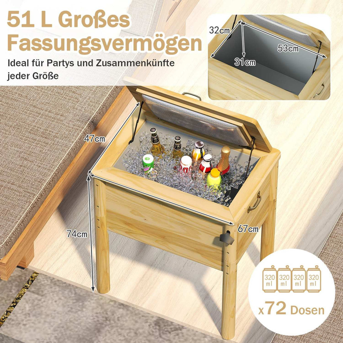 51L Wooden Outdoor Cooler with Handles & Opener