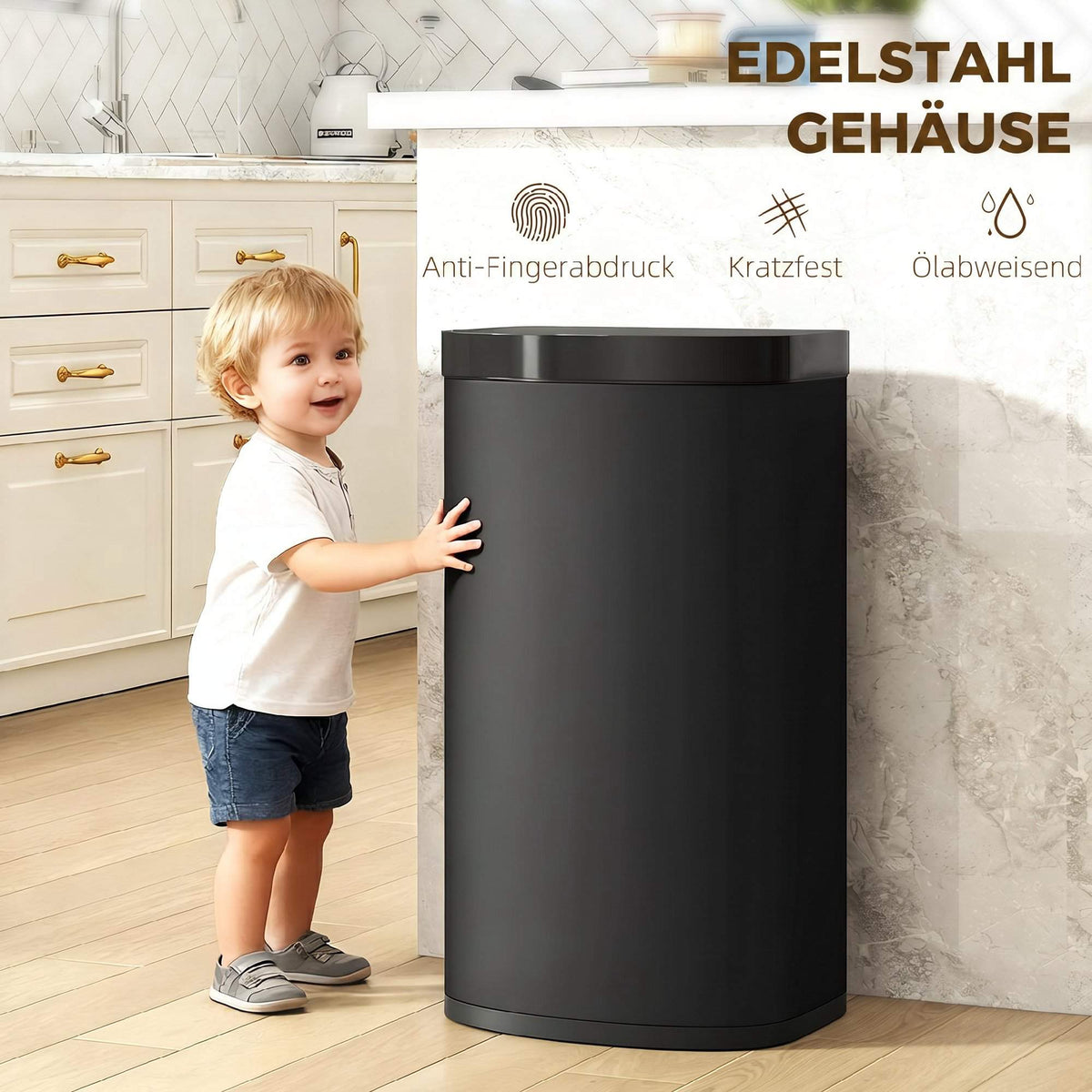 55L Sensor Trash Can, Soft-Close Lid, Stainless Steel, Black