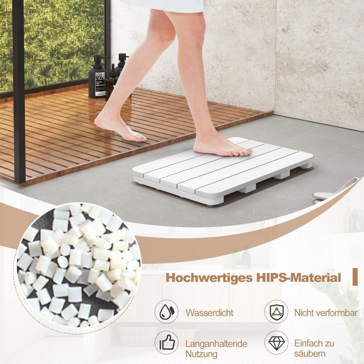 55 x 34 cm toilet mat made of Hips wood design, bath mat, can hold up to 150 kg, white, corrosion-resistant, rust-proof, durable