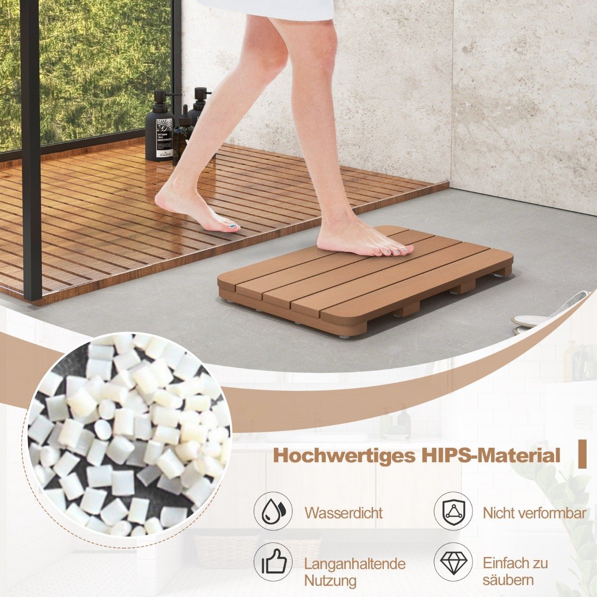 55 x 34 cm toilet mat made of Hips wood design bath mat up to 150kg load capacity brown bathroom mat corrosion resistant rustproof durable