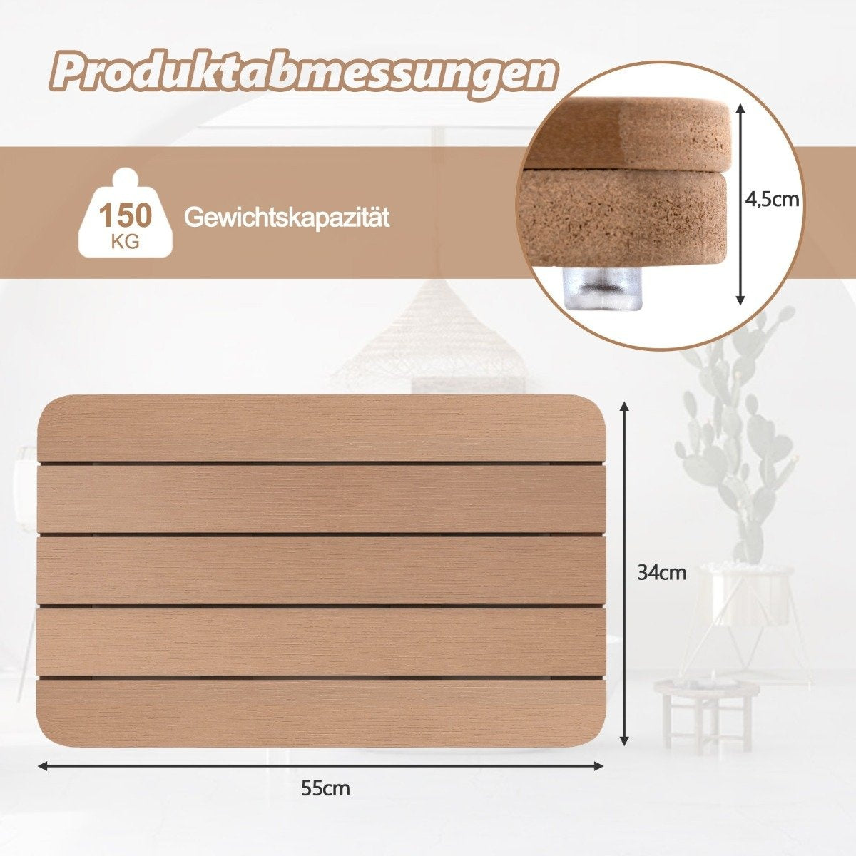 55 x 34 cm toilet mat made of Hips wood design bath mat up to 150kg load capacity brown bathroom mat corrosion resistant rustproof durable