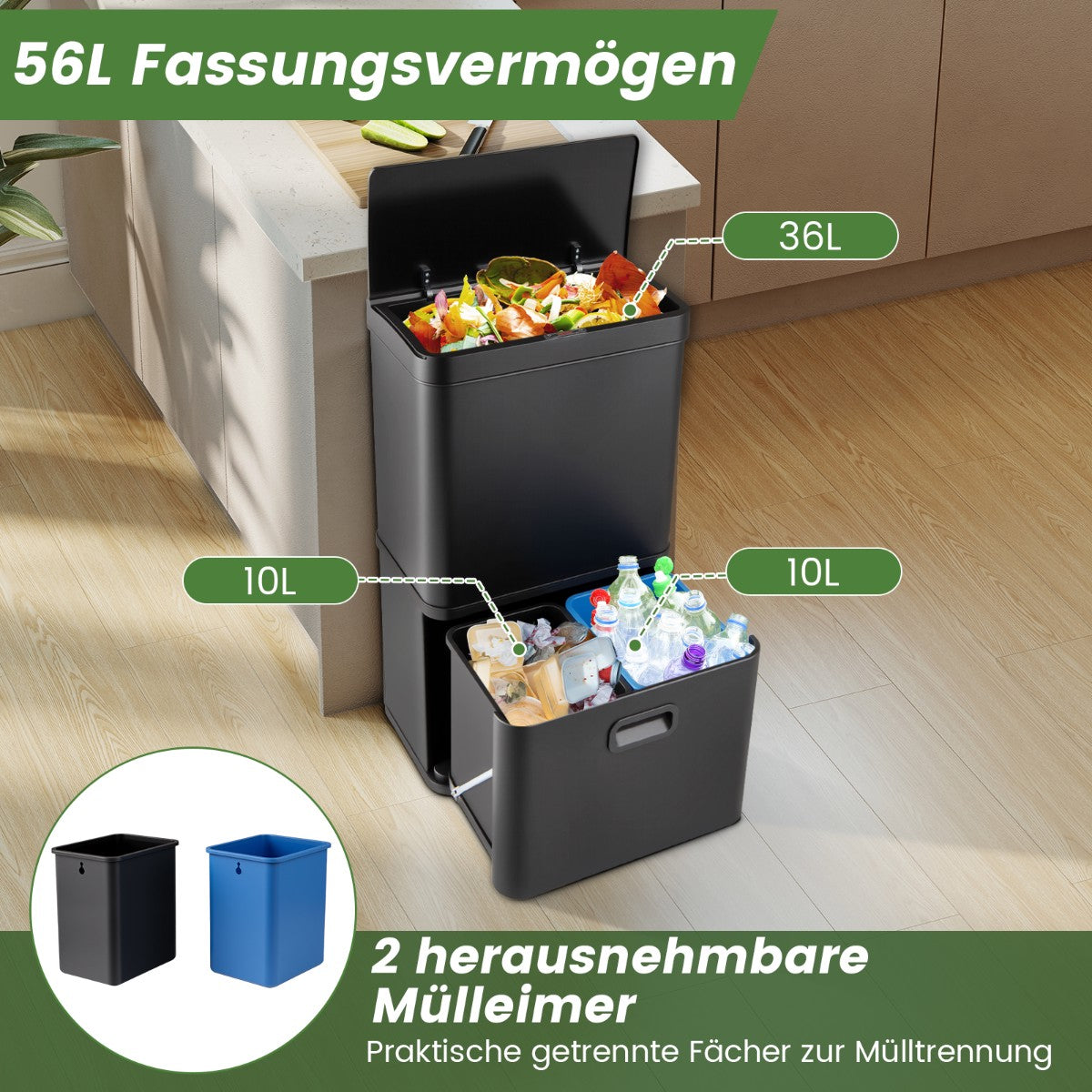 56L Sensor Trash Can with Dual Bins & Soft-Close Lid