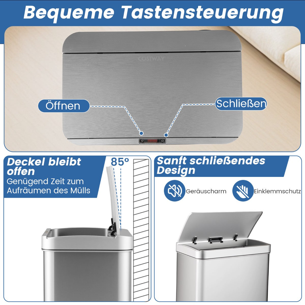 56L Stainless Steel Trash Can with Sensor & Dual Bins