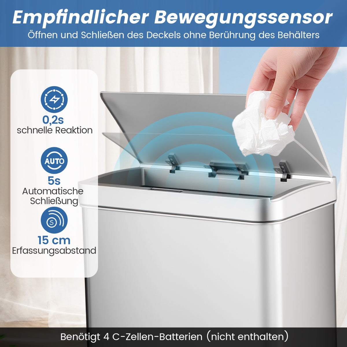 56L Stainless Steel Trash Can with Sensor & Dual Bins