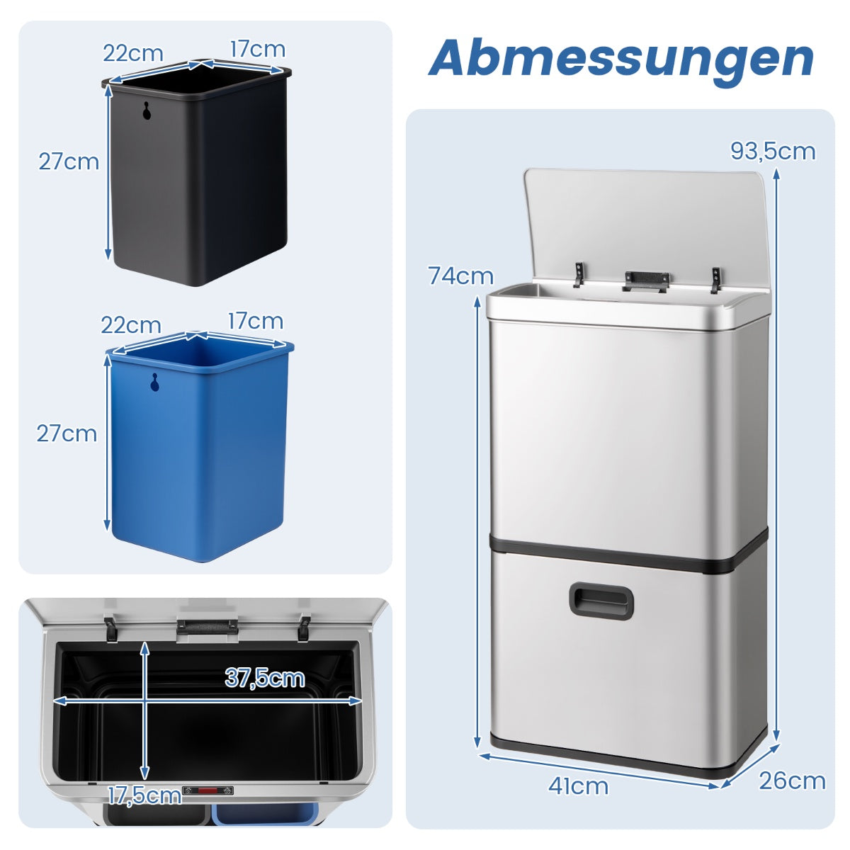 56L Stainless Steel Trash Can with Sensor & Dual Bins