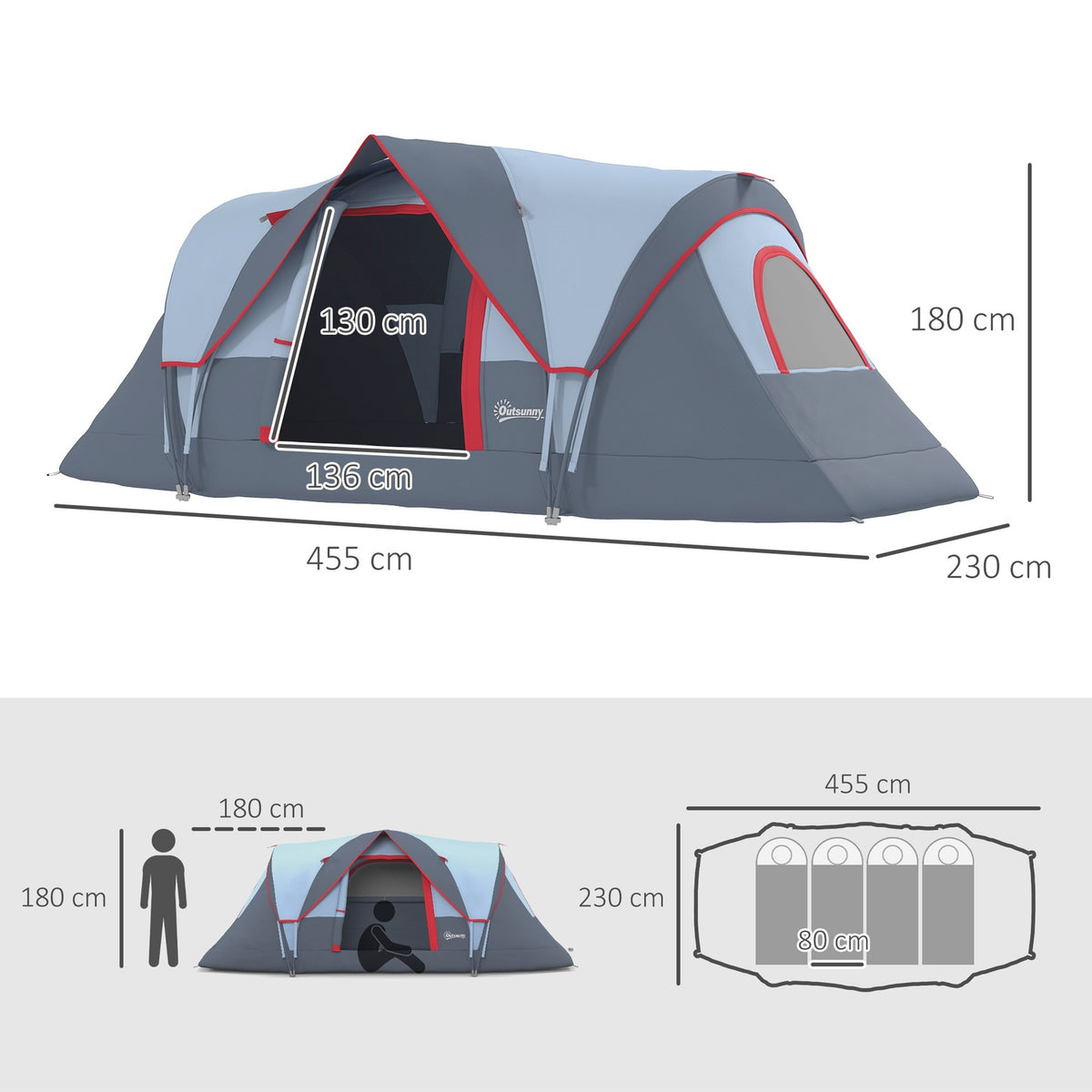 5-6 Person Tent Camping Tent With Pegs Tunnel Tent Dome Tent Polyester Gray 4.55 X 2.3 X 1.8 M