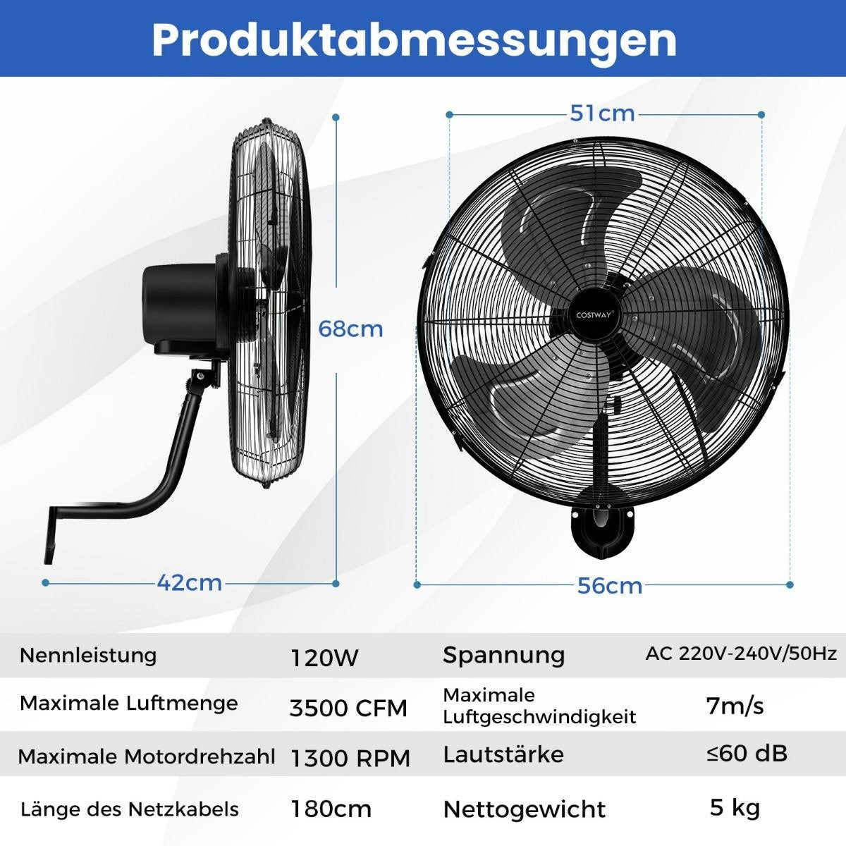 Ø56 cm Wall Fan Oscillating Fan for Warehouse Greenhouse Workshop Terrace and Cellar Black