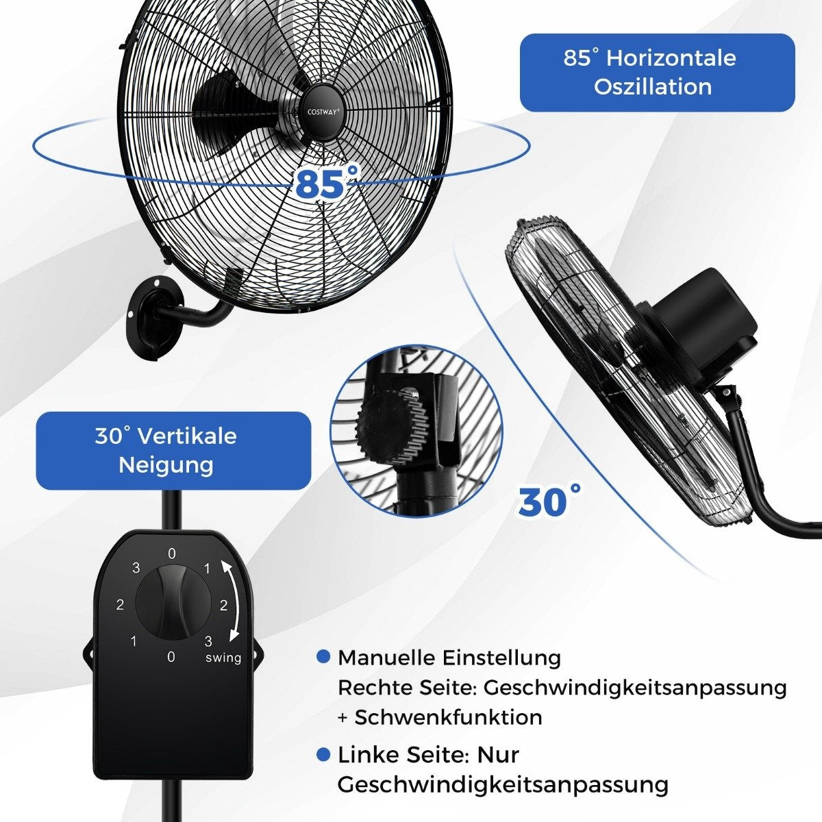 Ø56 cm Wall Fan Oscillating Fan for Warehouse Greenhouse Workshop Terrace and Cellar Black