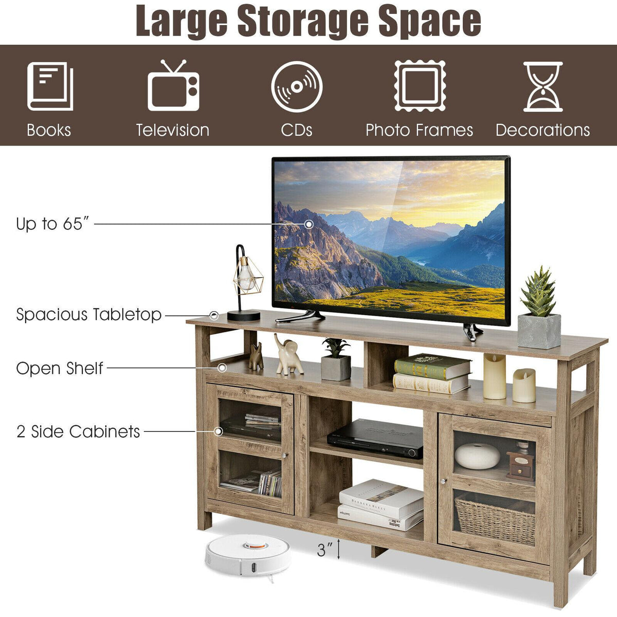 58-Inch TV Stand, 2 Cabinets, Fits Up to 65-Inch TV