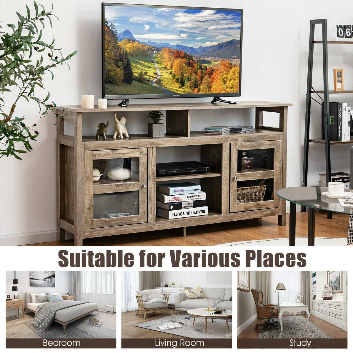 58-Inch TV Stand, 2 Cabinets, Fits Up to 65-Inch TV