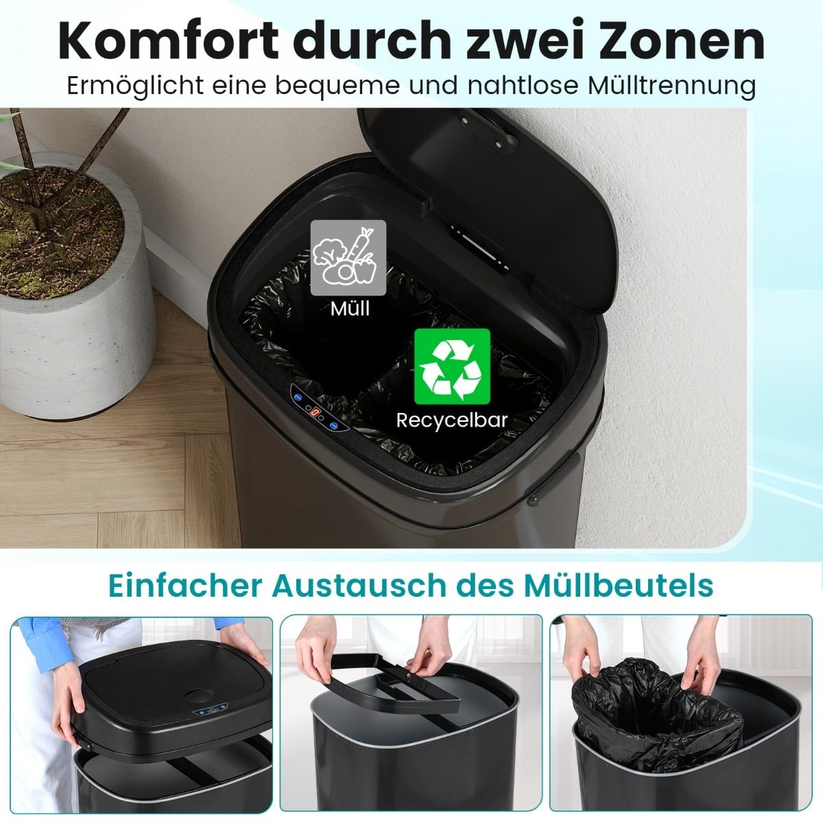 58L Sensor Trash Can, Dual-Zone, Black Metal