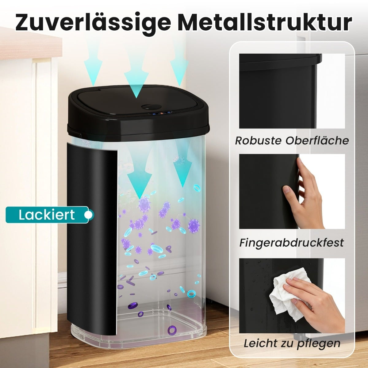 58L Sensor Trash Can, Dual-Zone, Black Metal