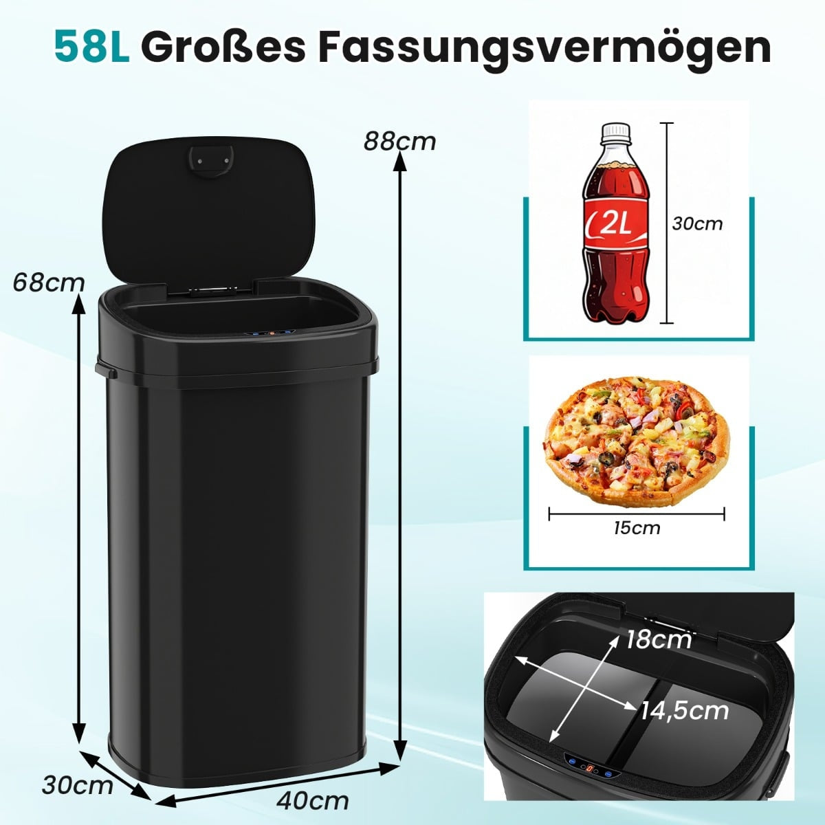 58L Sensor Trash Can, Dual-Zone, Black Metal