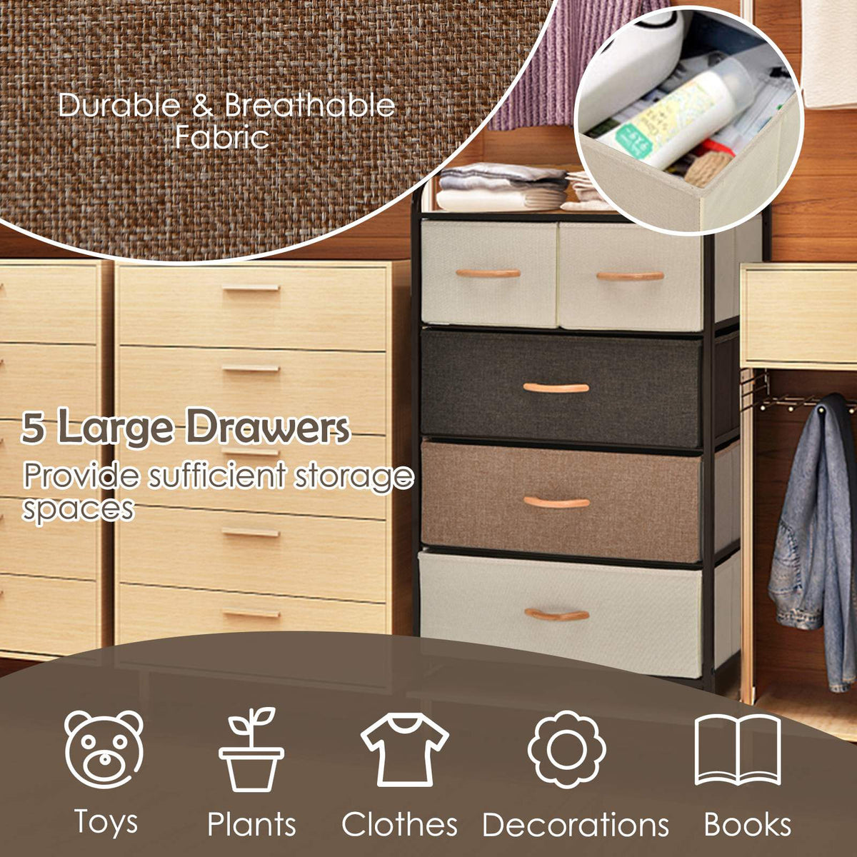 5-Drawer Fabric Dresser Tower – Steel Frame, MDF Top