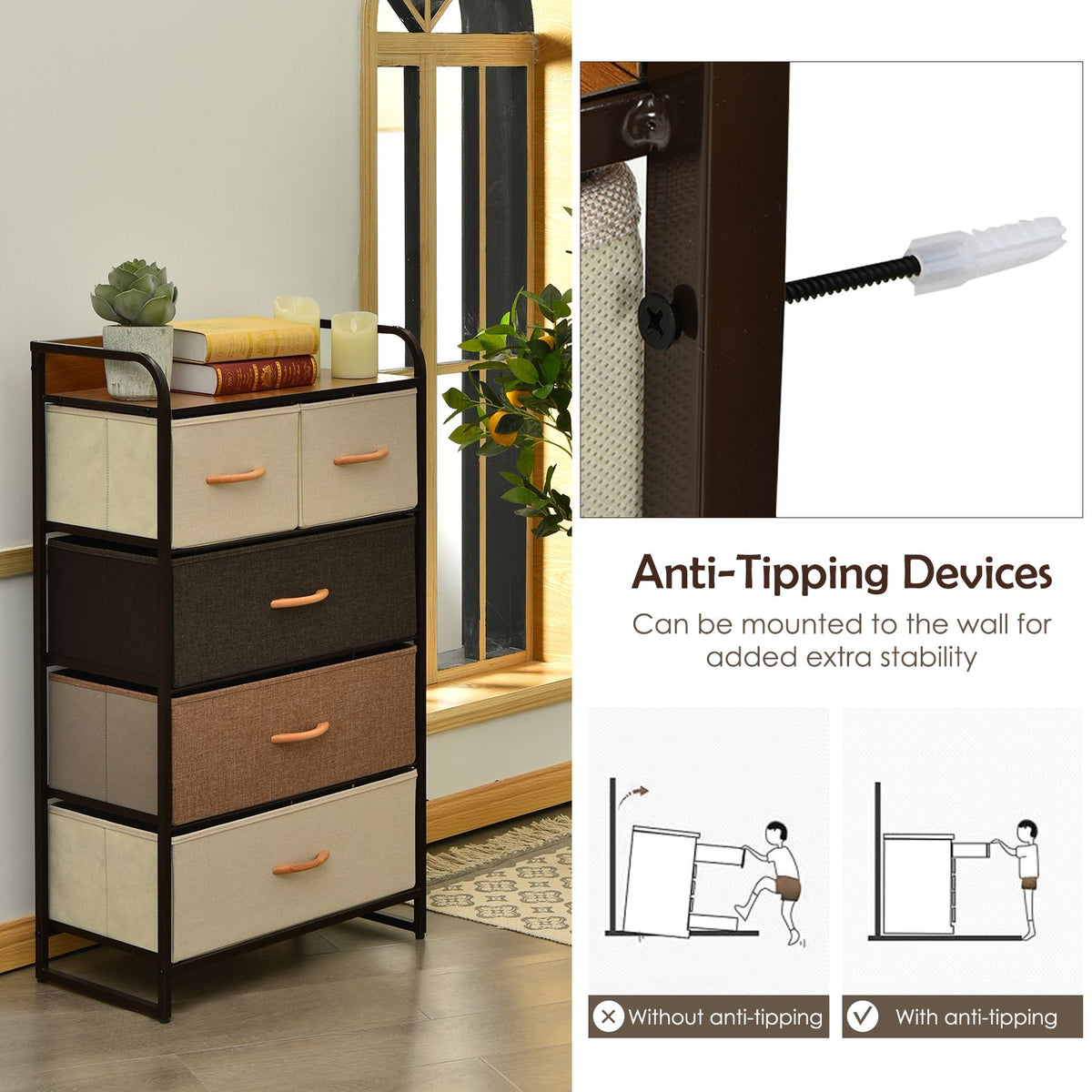 5-Drawer Fabric Dresser Tower – Steel Frame, MDF Top