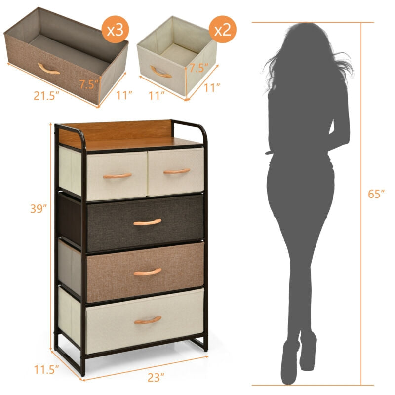 5-Drawer Fabric Dresser Tower – Steel Frame, MDF Top