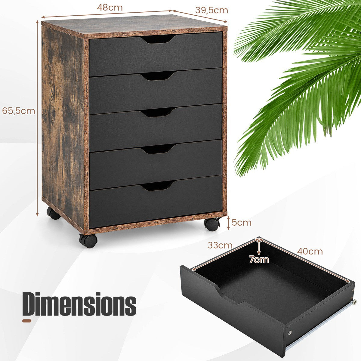 5-Drawer Mobile Filing Cabinet With Wheels, Engineered Wood