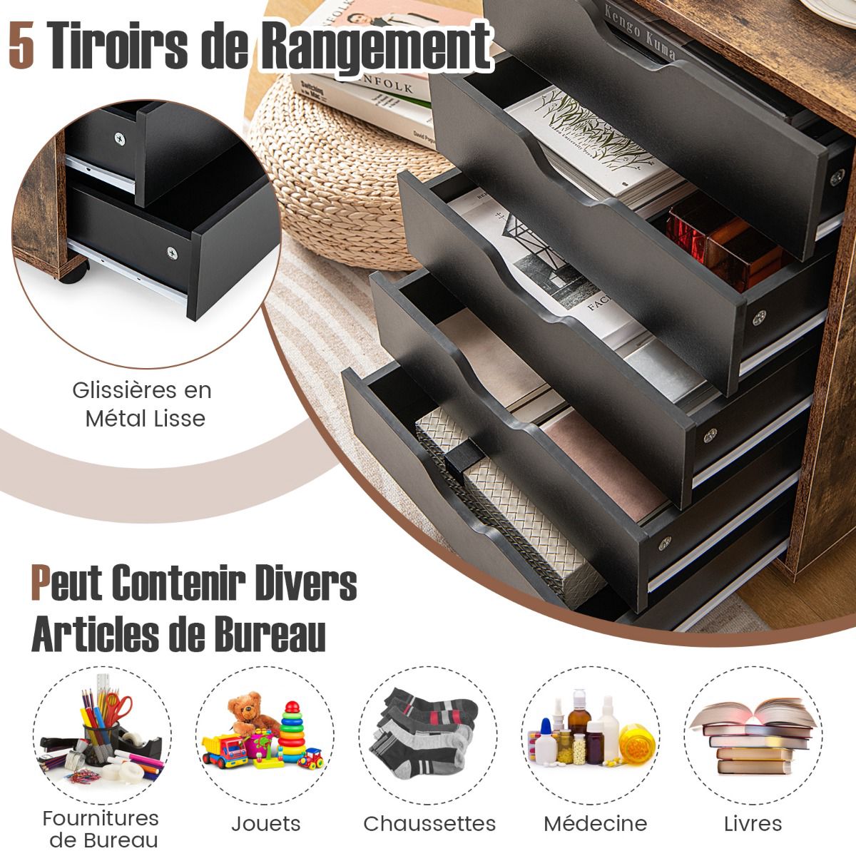5-Drawer Mobile Filing Cabinet With Wheels, Engineered Wood