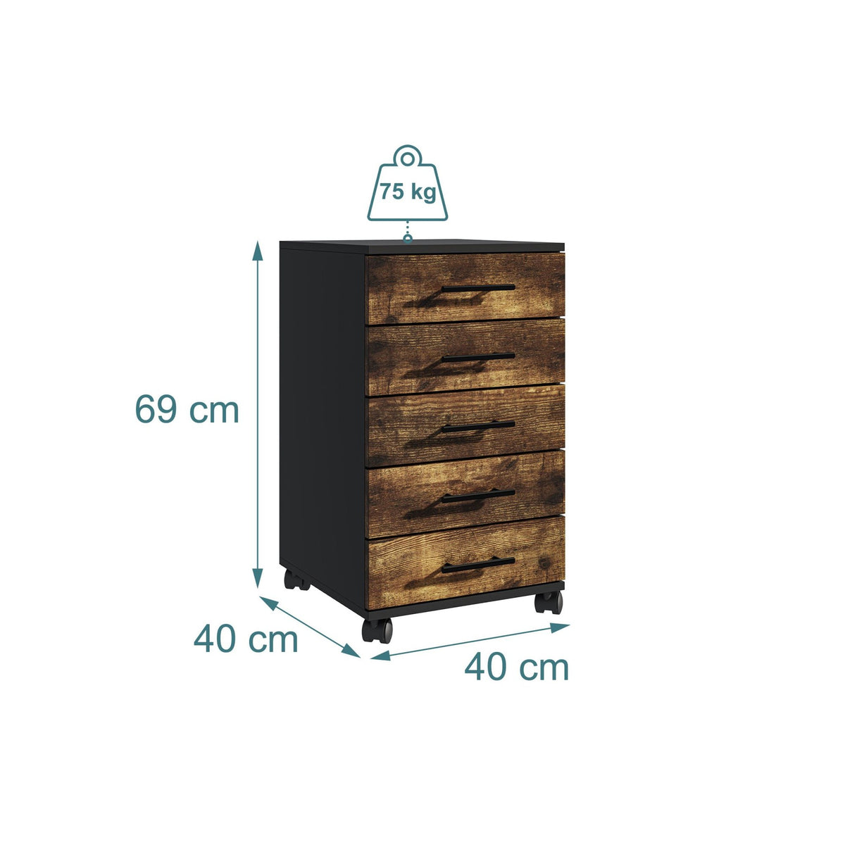 5-Drawer Rolling Cabinet with Wheels and Brakes