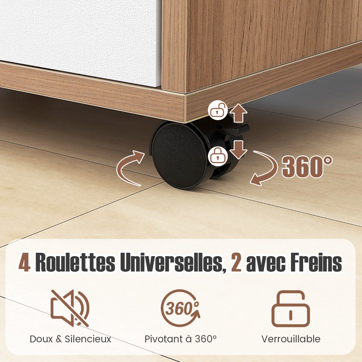 5-Drawer Rolling Storage Cabinet, Locking Casters, Natural